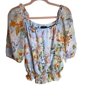 Eclair Women Blue Floral Smocked Waist Puff Sleeve Blouse Square Neck Top Medium